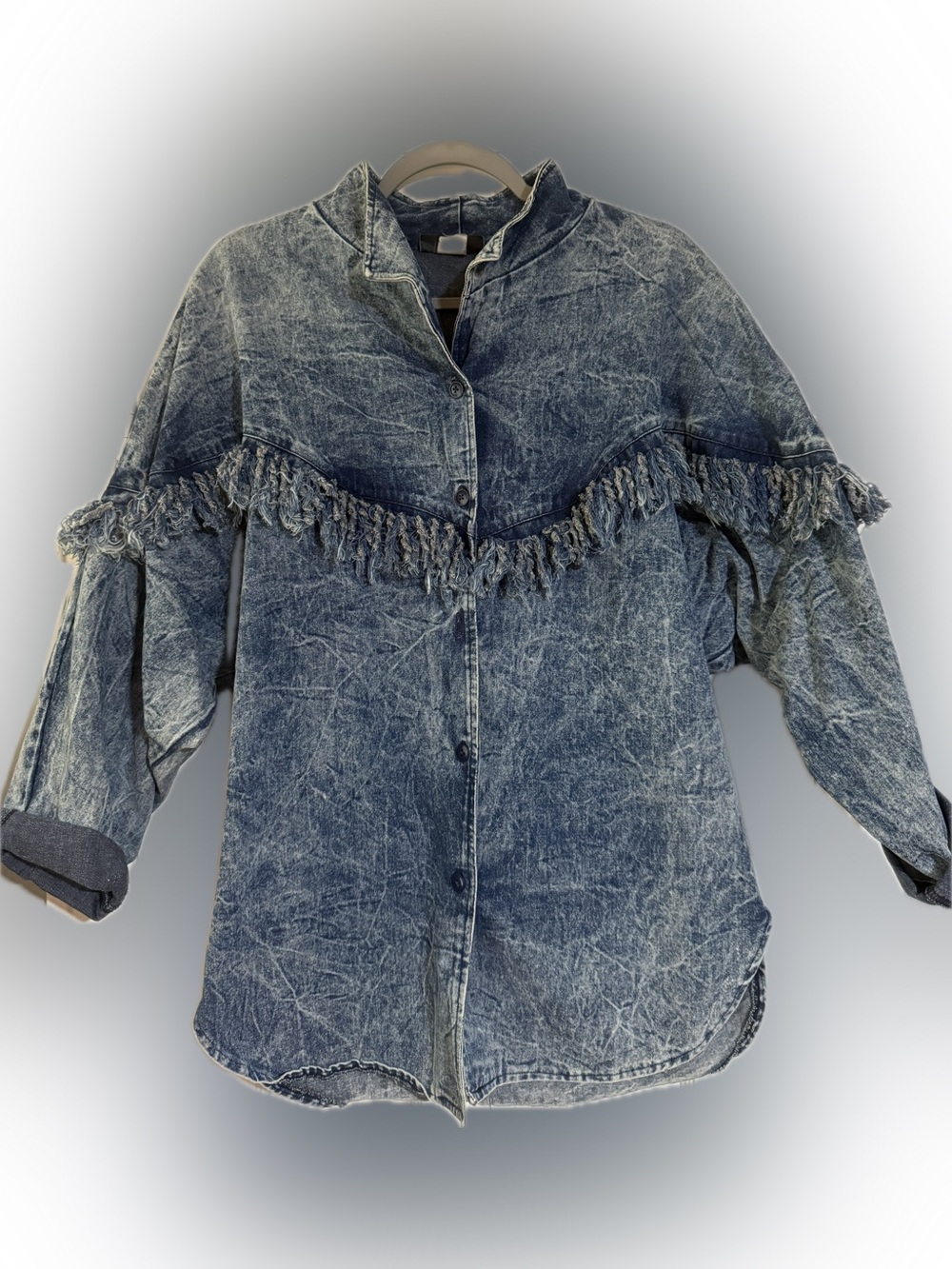 Frayed Fringe Acid-Wash Denim Button-Up